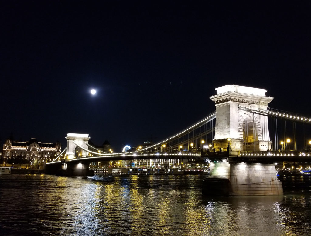 Chain Bridge Budapest on a full moon, , Viking River Cruise