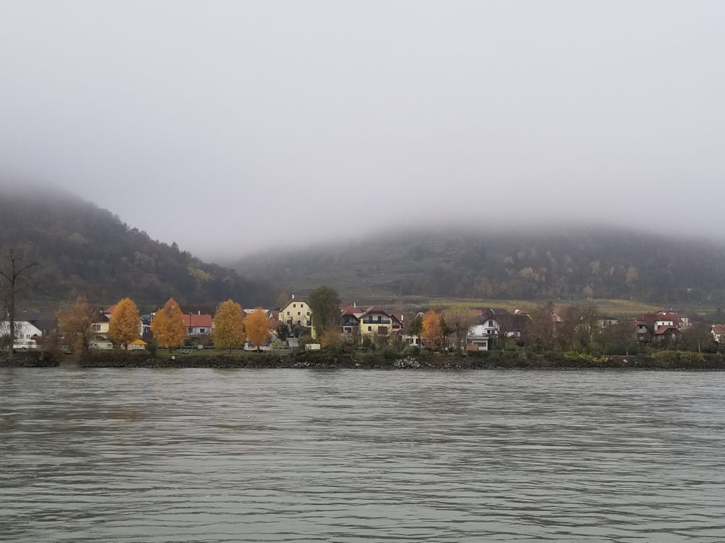 Durnstein shrouded in fog in the Wachau Valley Austria